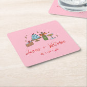 手書きレトロピンクコンテンポラリーアー結婚ツ スクエアペーパーコースター (アングル)