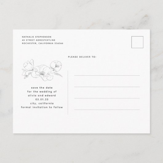 手書きワイルドフラワーエレガントズの日付写真を保存 案内ポストカード (裏面)