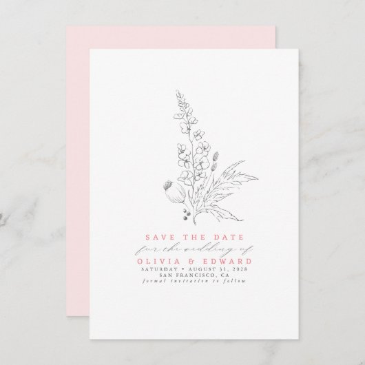 手書きワイルドフラワーピンク日付を保存 セーブザデート (正面/裏面)