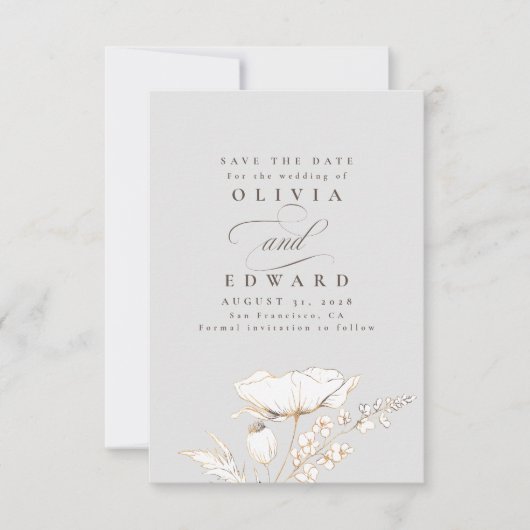 手書きワイルドフラワーライトグレー日付を保存 セーブザデート (正面)