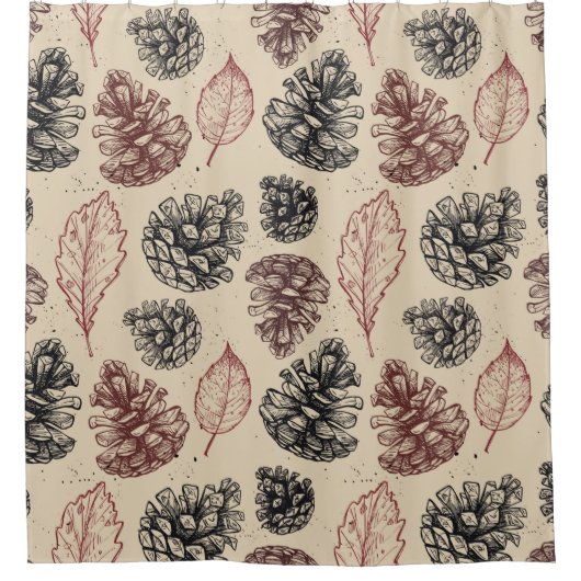 手書きヴィンテージイラスト。シームレスパターン シャワーカーテン (正面)