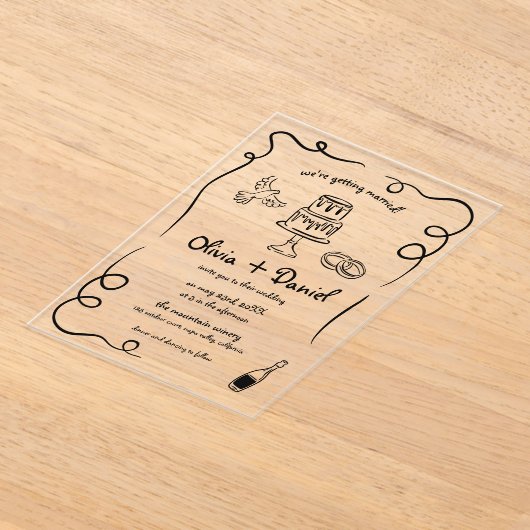 手書きヴィンテージフランスのブラックお洒落結婚ズ アクリル招待状 (レイダウン)