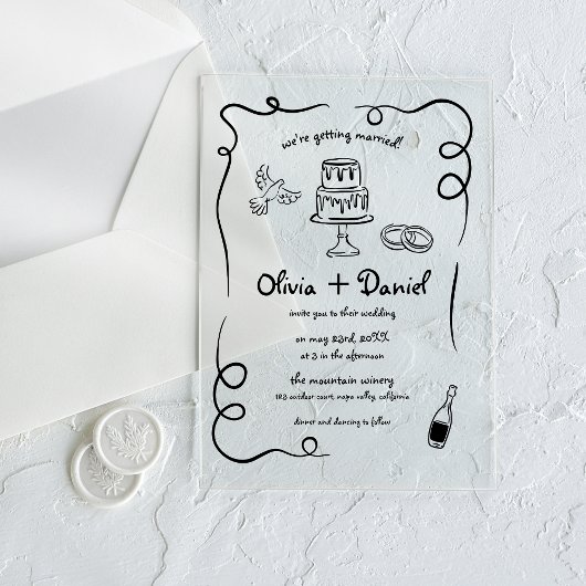 手書きヴィンテージフランスのブラックお洒落結婚ズ アクリル招待状