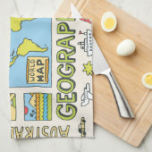 手書きヴィンテージ地理イラストレーション キッチンタオル (四つ折り)