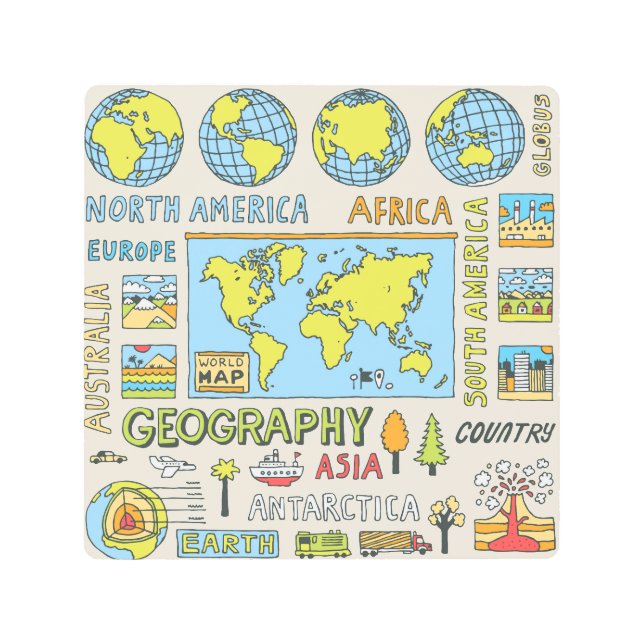 手書きヴィンテージ地理イラストレーション メタルプリント (正面)