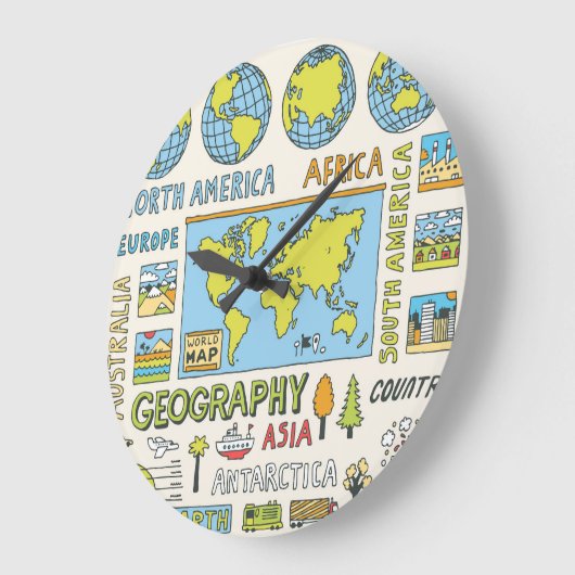 手書きヴィンテージ地理イラストレーション ラージ壁時計 (傾斜)