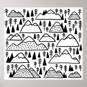手書きヴィンテージ山と木。 ポスター