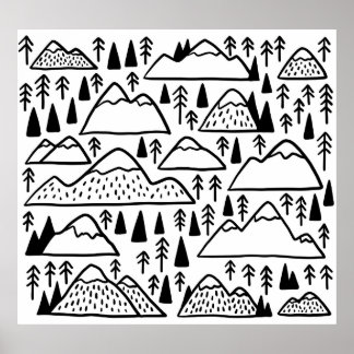 手書きヴィンテージ山と木。 ポスター
