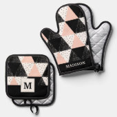 手書き三角形の幾何学的パターン 鍋つかみ&鍋敷きセット (正面/裏面)