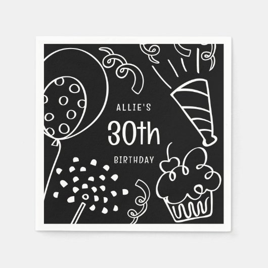 手書き任意の年齢の誕生日パーティー白黒 スタンダードカクテルナプキン (正面)
