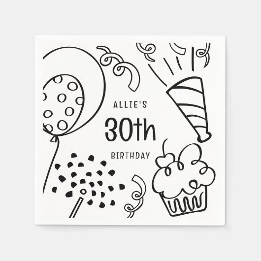 手書き任意の年齢の誕生日パーティー白黒 スタンダードカクテルナプキン (正面)