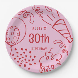 手書き任意の年齢誕生日バルーンピンク赤 ペーパープレート