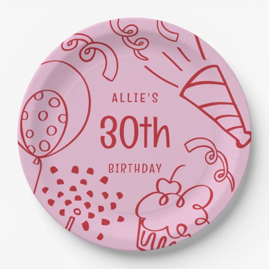 手書き任意の年齢誕生日バルーンピンク赤 ペーパープレート (正面)