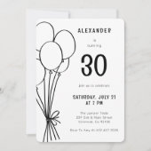 手書き任意の年齢誕生日バルーンブラックミニマル 招待状 (正面)