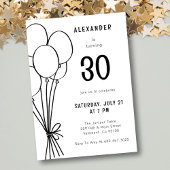手書き任意の年齢誕生日バルーンブラックミニマル 招待状