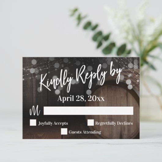 手書き入力で親切に返信する木製のバレル&ライト 出欠カード (スタンド正面)