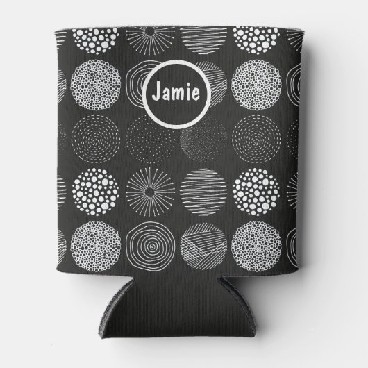 手書き円抽象芸術白黒B/W 缶クーラー (正面)