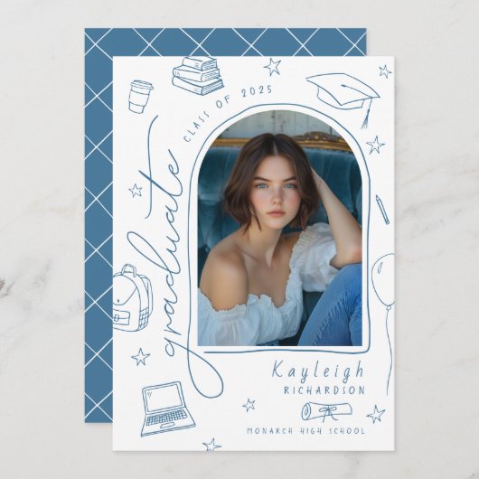 手書き写真お洒落卒業発表 案内状 (正面/裏面)