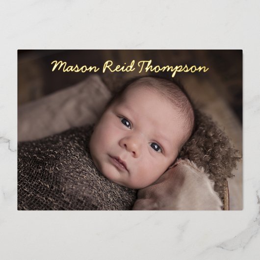 手書き写真の生誕通知カード 箔招待状 (正面)