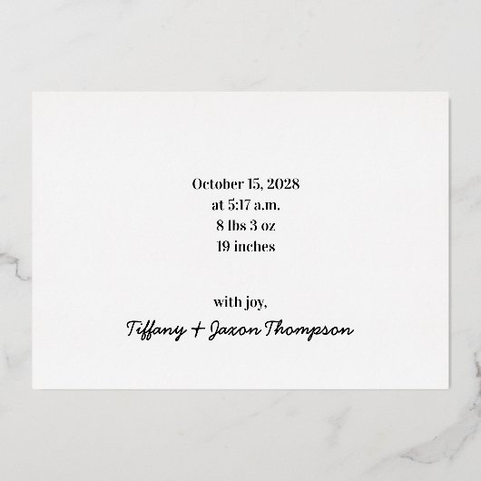 手書き写真の生誕通知カード 箔招待状 (裏面)