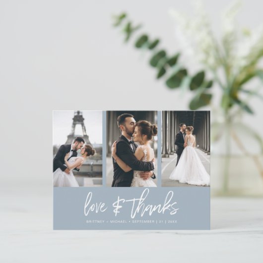 手書き写真コラージュほこりっぽい青ありがとう ポストカード (スタンド正面)