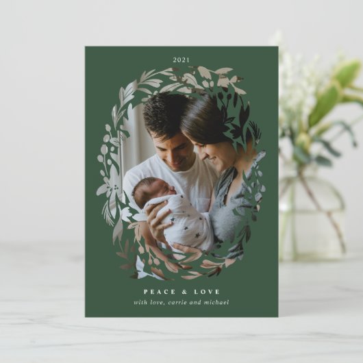 手書き切り出しリースフレームグリーンホリデーフォト シーズンカード (スタンド正面)