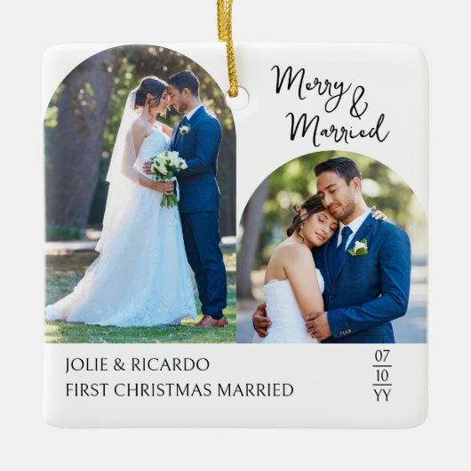 手書き初めてのクリスマス結婚したArch写真 セラミックオーナメント (正面)