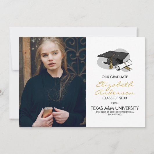 手書き卒業キャップと写真の発表 案内状 (正面)