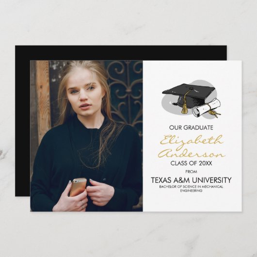 手書き卒業キャップと写真の発表 案内状 (正面/裏面)