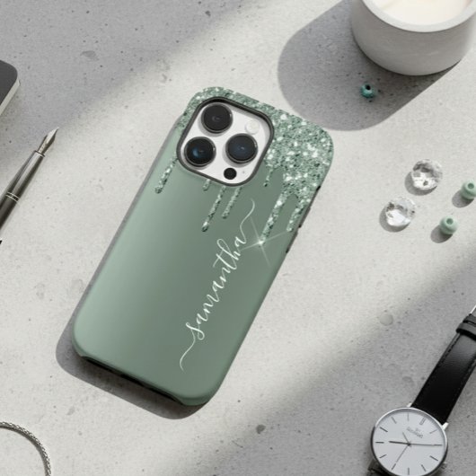 手書き名ダークグリーンメタルグリッタールック Case-Mate iPhoneケース