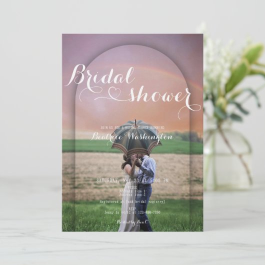 手書き名門私立校風のハートアーチ写真ブライダルシャワー 招待状 (スタンド正面)