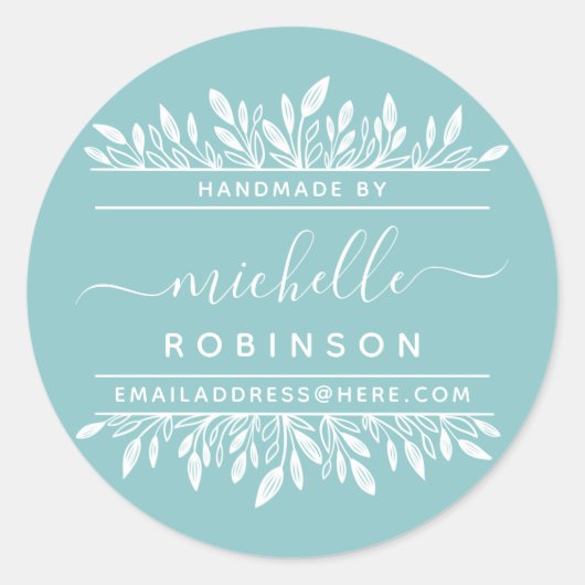 手書き名青&白植物手作り ラウンドシール (正面)