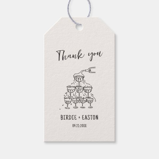 手書き図解入りの、写真付きのシャンパンタ結婚ワー ギフトタグ (正面)