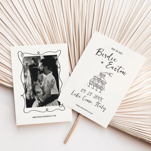 手書き図解入りの、写真付きのシャンパンタ結婚ワー セーブザデート