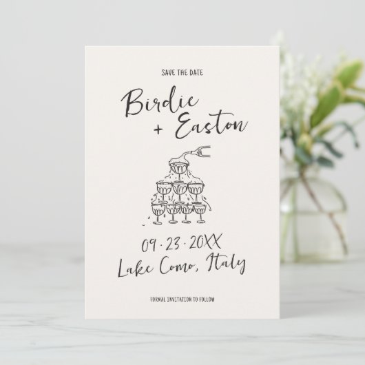 手書き図解入りの、写真付きのシャンパンタ結婚ワー セーブザデート (スタンド正面)