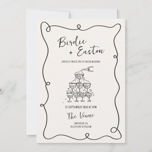 手書き図解入りの、写真付きのシャンパンタ結婚ワー 招待状 (正面)