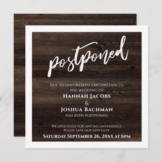 手書き延期結婚式ナチュラルウッドカード 招待状 (正面/裏面)