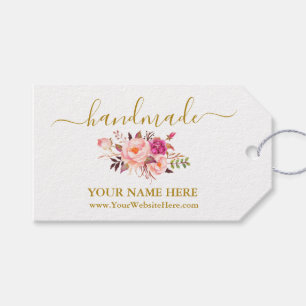手書き手作り水彩桃色フローラ金ゴールド ギフトタグ