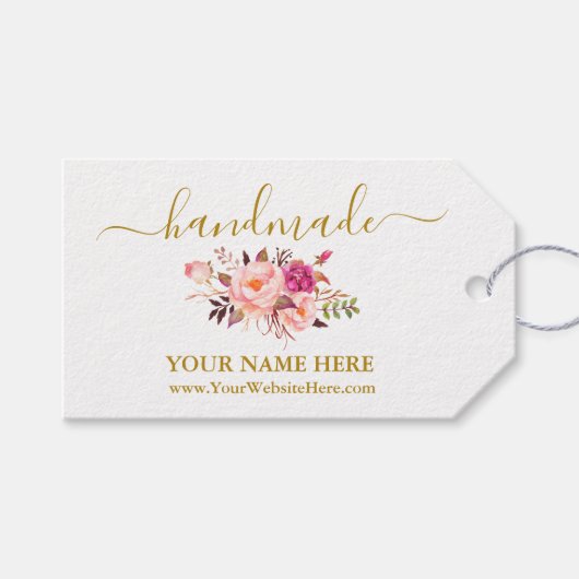 手書き手作り水彩桃色フローラ金ゴールド ギフトタグ (正面(横))