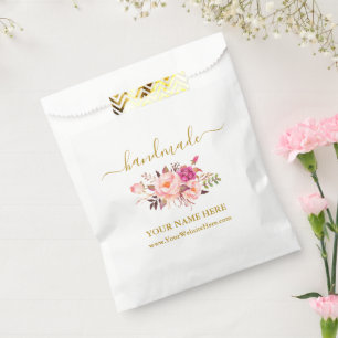 手書き手作り水彩桃色フローラ金ゴールド フェイバーバッグ