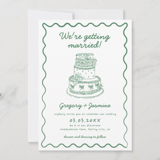 手書き手書きお洒落グリーン結婚ズ 招待状 (正面)