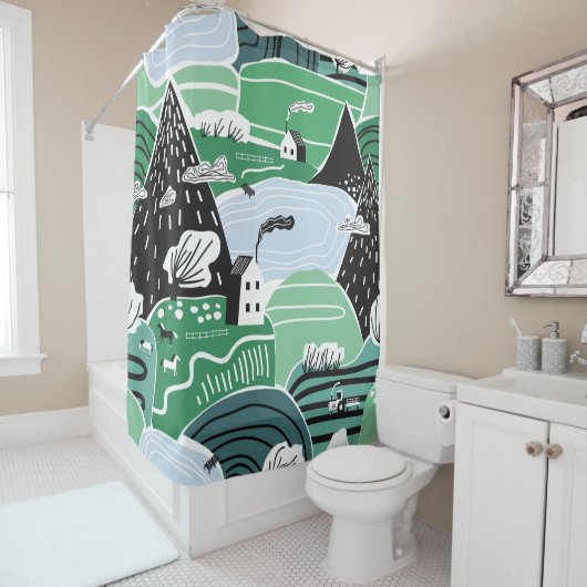 手書き抽象芸術北欧のグラフィックイラストレーター シャワーカーテン (インサイチュ)