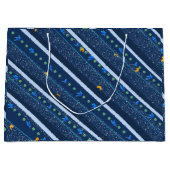 手書き抽象芸術青い白い線のストライプパターン ラージペーパーバッグ (正面)