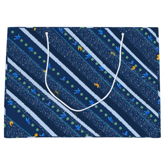 手書き抽象芸術青い白い線のストライプパターン ラージペーパーバッグ (正面)