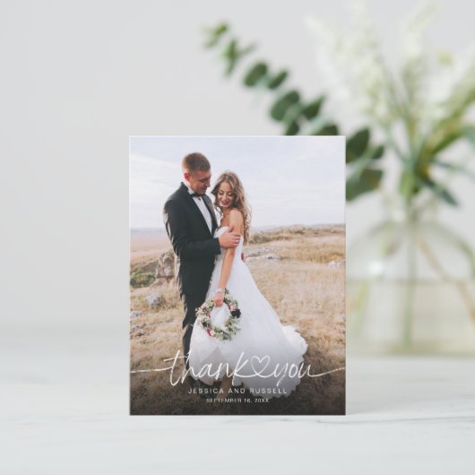 手書き文字とハート写真結婚付き サンキューカード (スタンド正面)