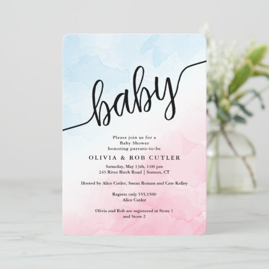 手書き文字のピンクと青の赤ちゃんシャワー 招待状 (スタンド正面)