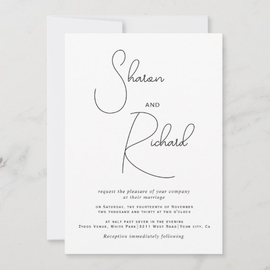 手書き文字の白黒の写真結婚の種類 招待状 (正面)