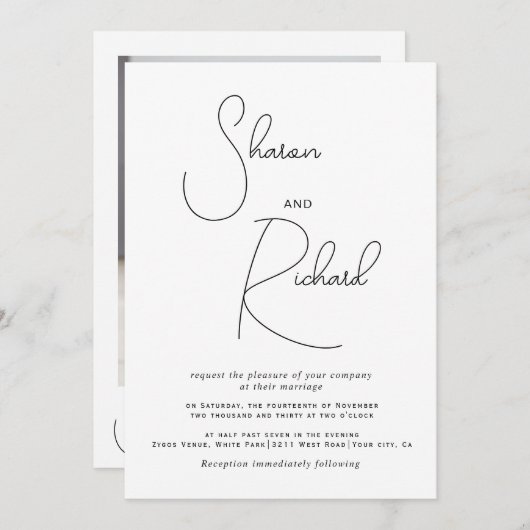 手書き文字の白黒の写真結婚の種類 招待状 (正面/裏面)