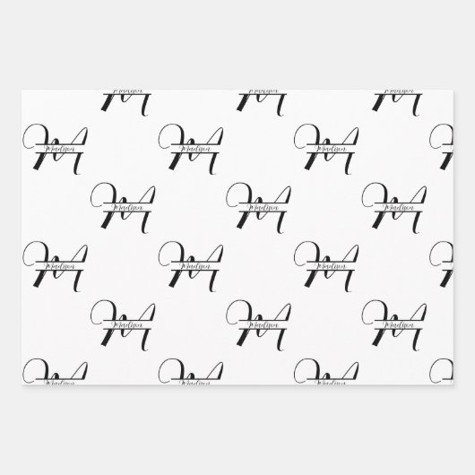 手書き文字の白黒の名モノグラムの前 ラッピングペーパーシート (正面2)