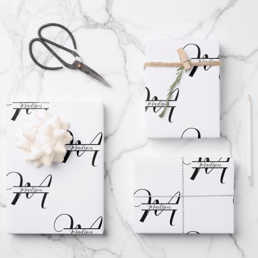 手書き文字の白黒の名モノグラムの前 ラッピングペーパーシート (正面)